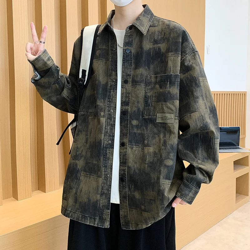 

Men's Loose Long Sleeve Tie-Dye Patchwork Shirt Fashionable Casual Vintage Hong Kong Style High-End Feeling Spring Autumn Wear