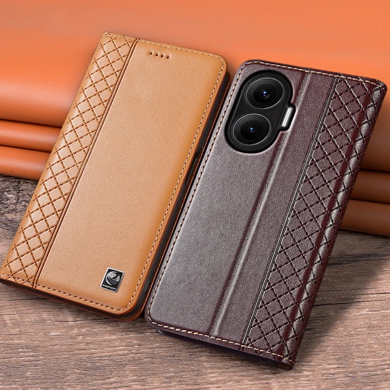 

Flip Case For XIAOMI Redmi Turbo 4 Turbo4 Pro 5G Genuine Leather Magnetic Cover Luxury Cowhide Grid Pattern Wallet Cases