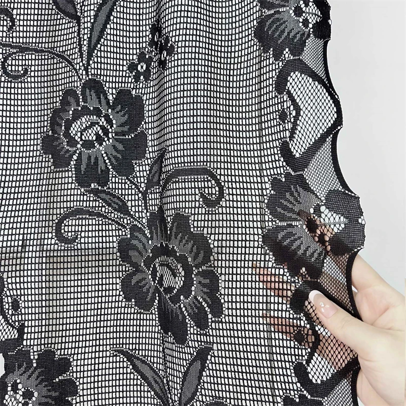 American Black Floral Lace Tulle Pull Curtains Roman Lifting Sheer Voile Door Bay Window Kitchen Partition Christma Party Drapes