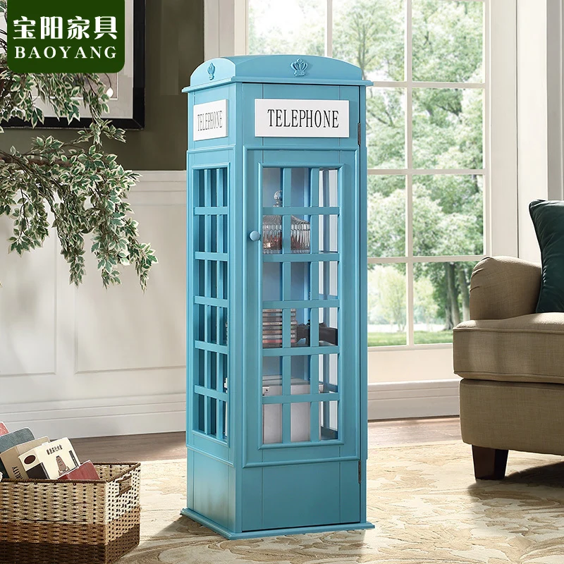 Children\'s bookcase Floor toy storage locker Creative English telephone booth decoration with door Retro American ornaments