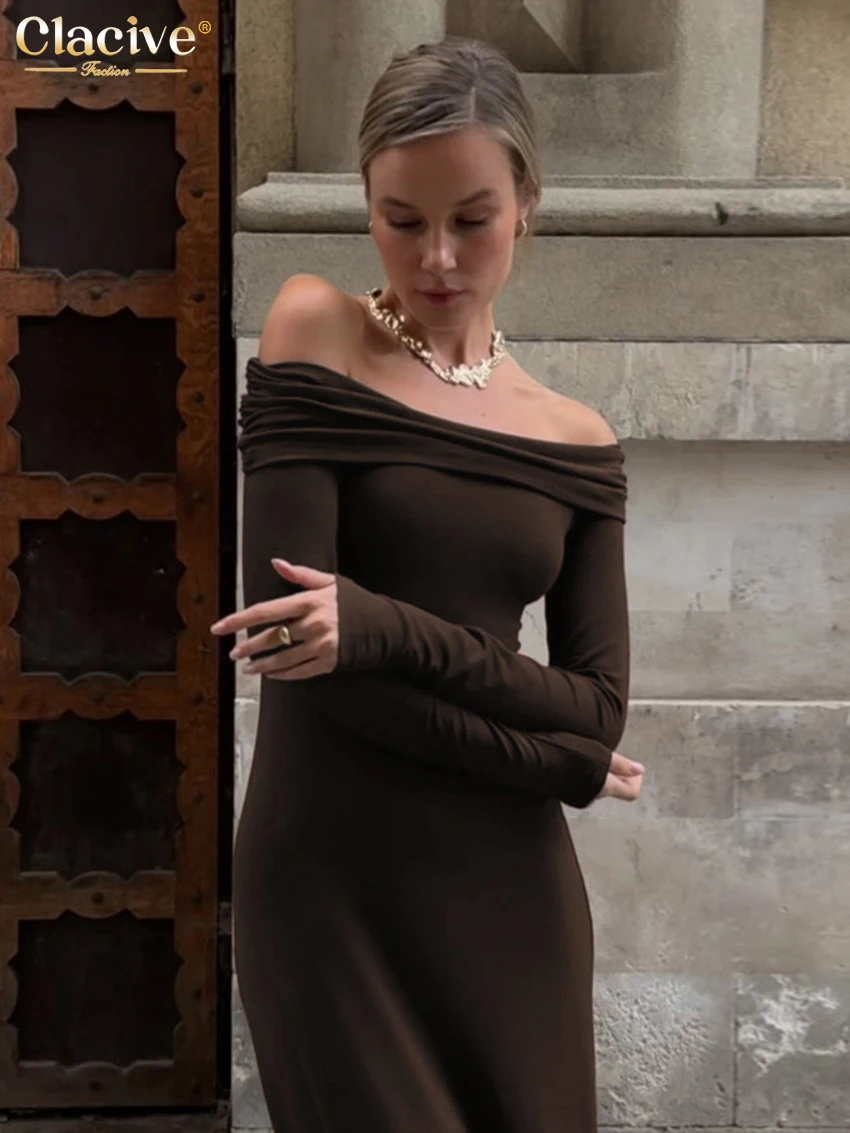 Clacive Bodycon Brown Knitted Womens Dresses Fashion Slim Slash Neck Long Sleeve Ankle Length Dress Elegant Simple Female Dress