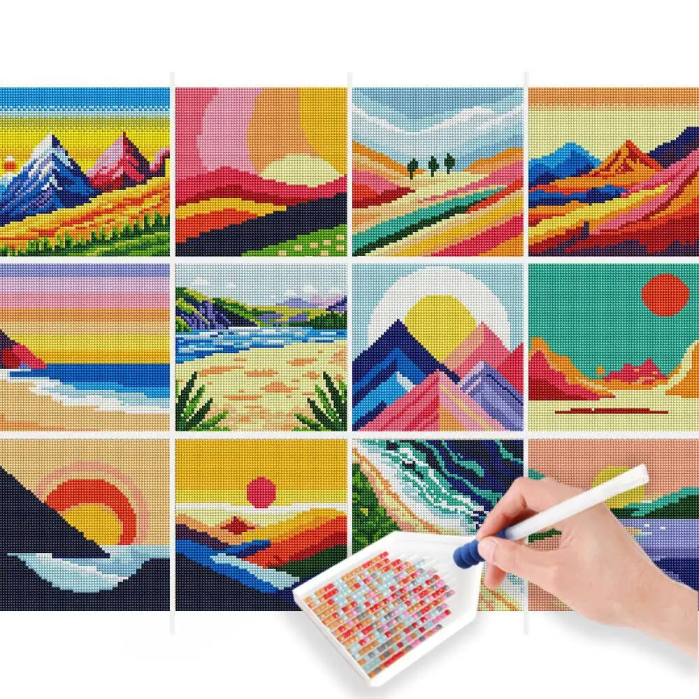 HUACAN 12 Stück Cartoon-Sonnenuntergang-Thema, rundes Mosaik, Mini-Diamantgemälde, Landschaft, moderne Heimdekoration, Urlaubsgeschenkidee