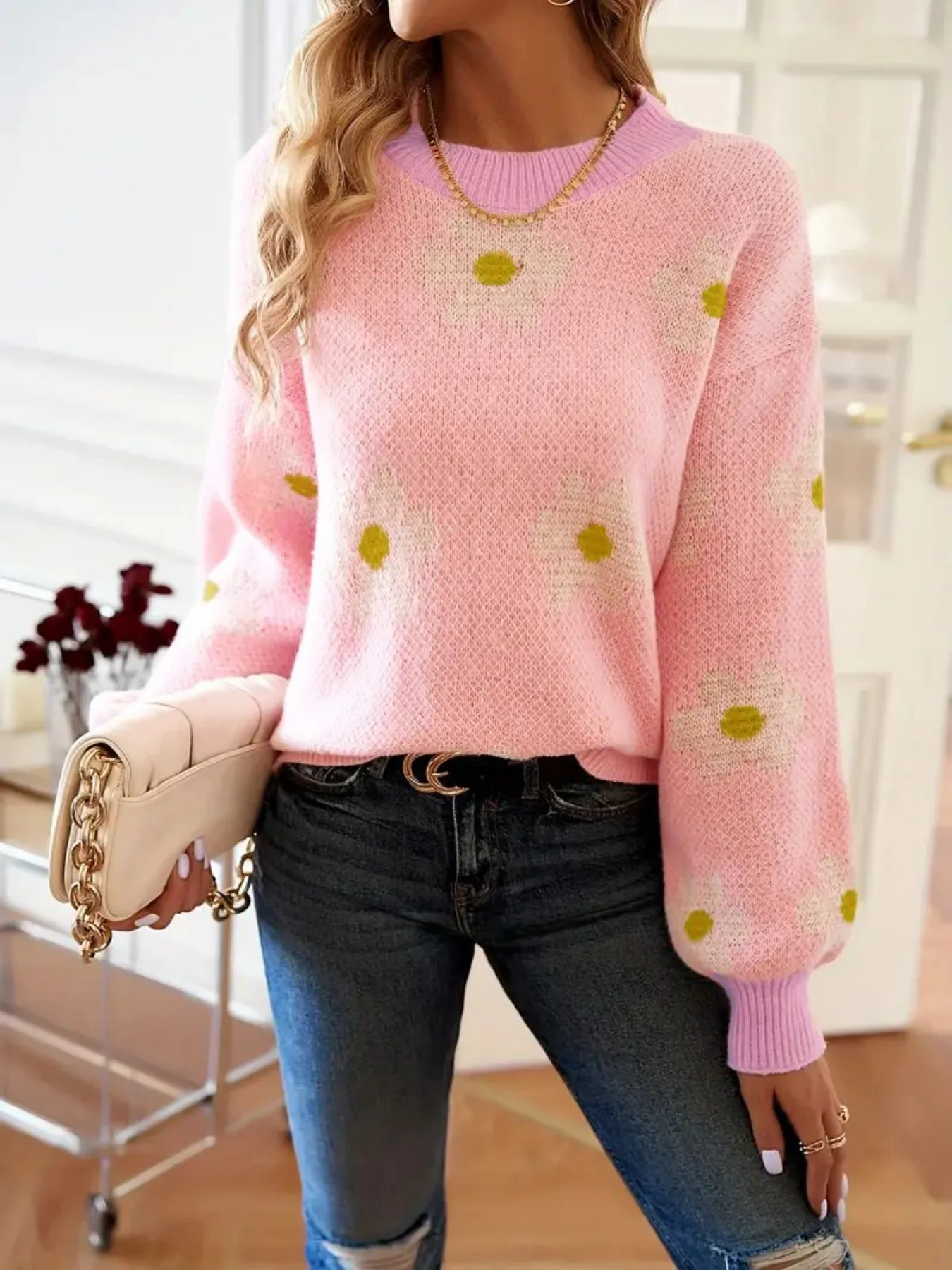 Women's Pink Floral Contrast Crew Neck Puff Sleeve Knit Sweater Casual Pullover Top