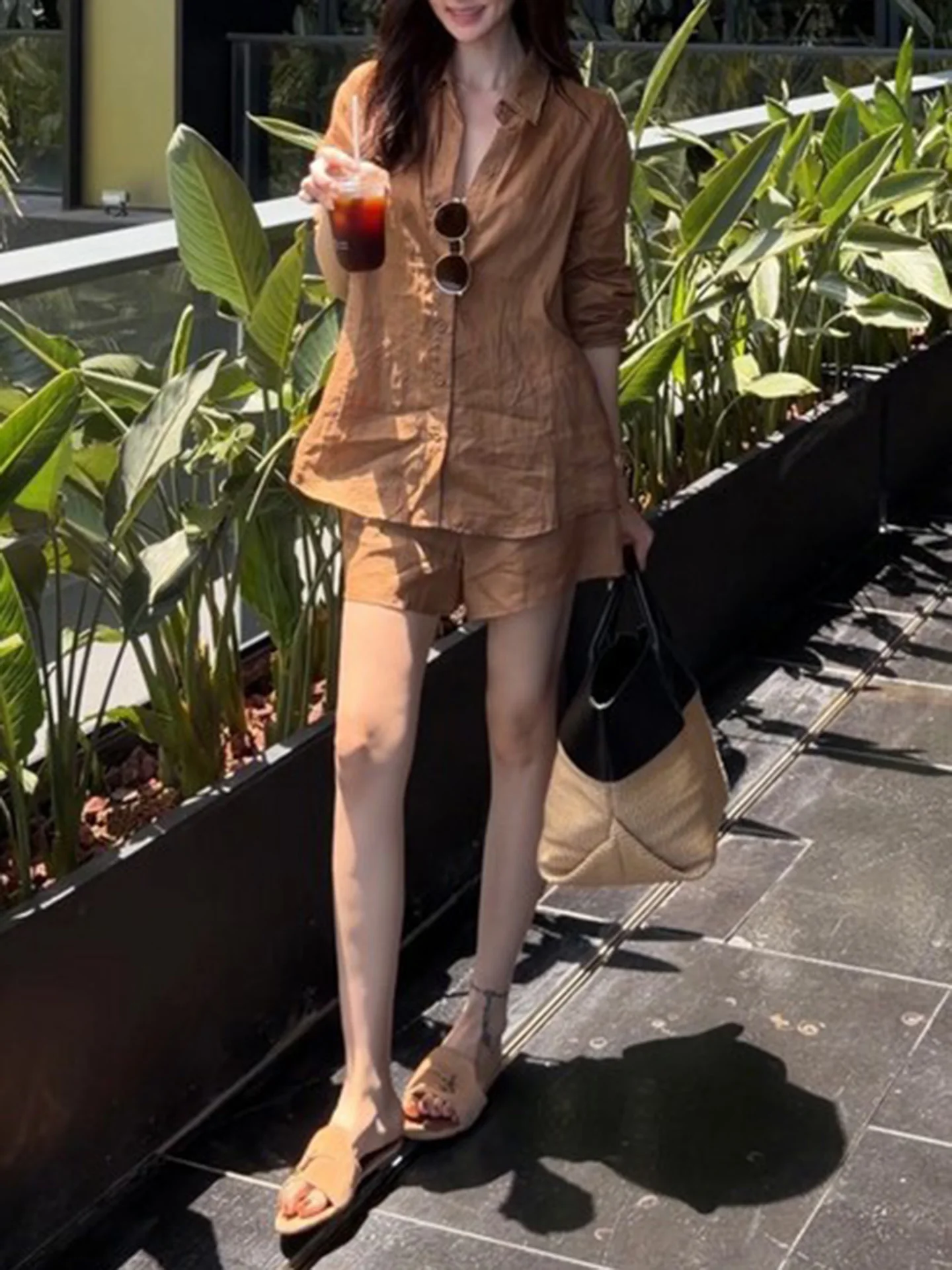 Summer 2026 Women's Slim Fit Shirt And Short Pants Set Pure Color Casual Fashion High Waist Button up Long Sleeve  Neck