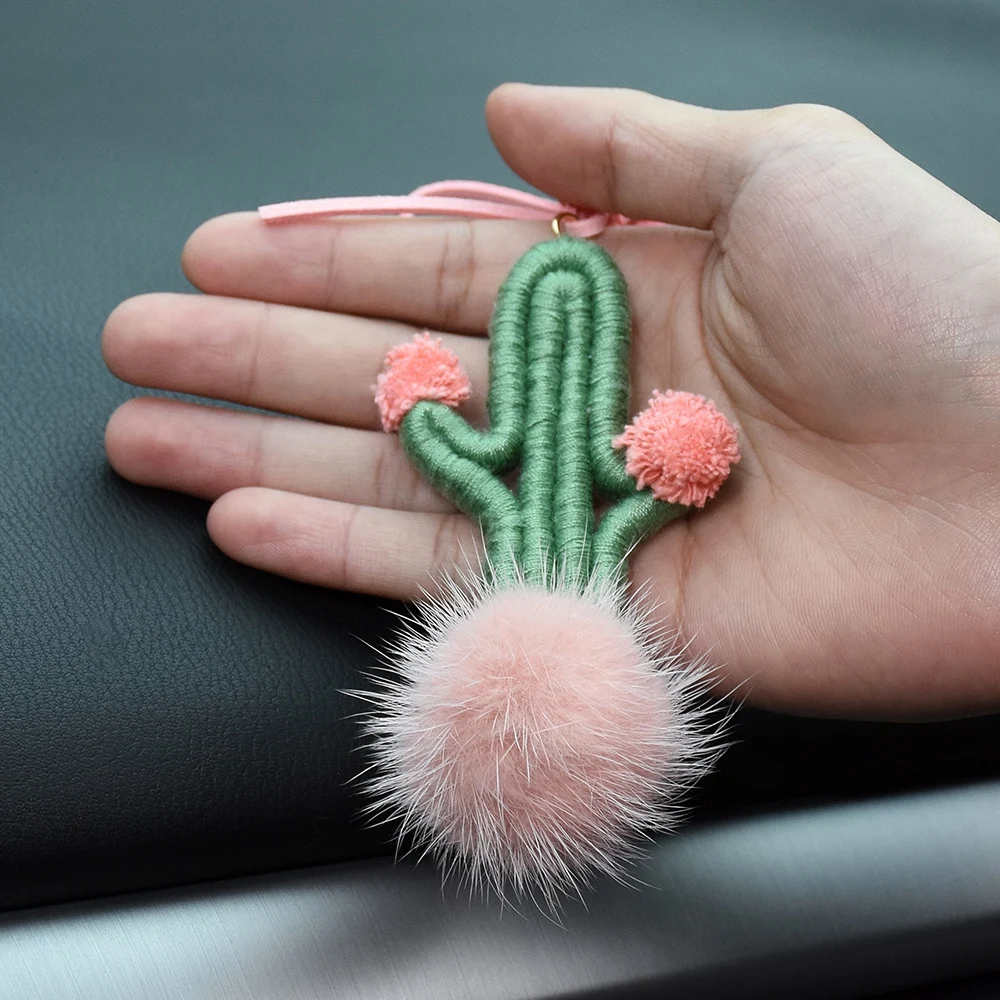 Handmade Cactus Green Plant Rearview Mirror Hanger Cute Car Hanging Ornament Cute Gifts For Women Boho Hanging Bag Ornament