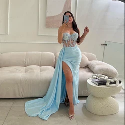 Graceful Sky Blue Mermaid Sexy Evening Dresses Classic Sleeveless Strapless Lace Beaded Prom Gowns Side Split Vestido De Festa