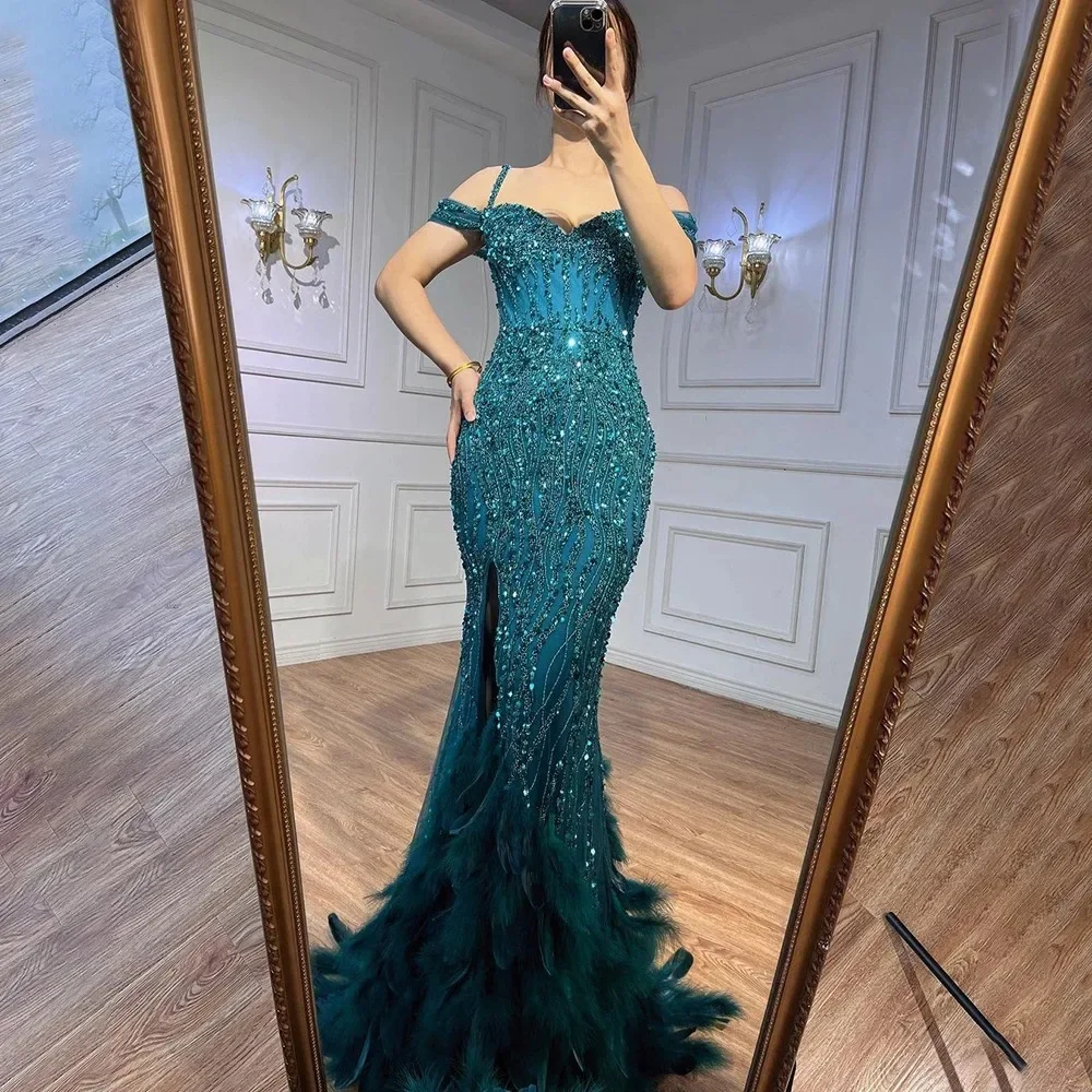 Serene Hill Green Mermaid High Split Off Shoulder Evening Dresses Feather  Beaded Gowns Long 2025 For Women Party LA71650A - AliExpress 320