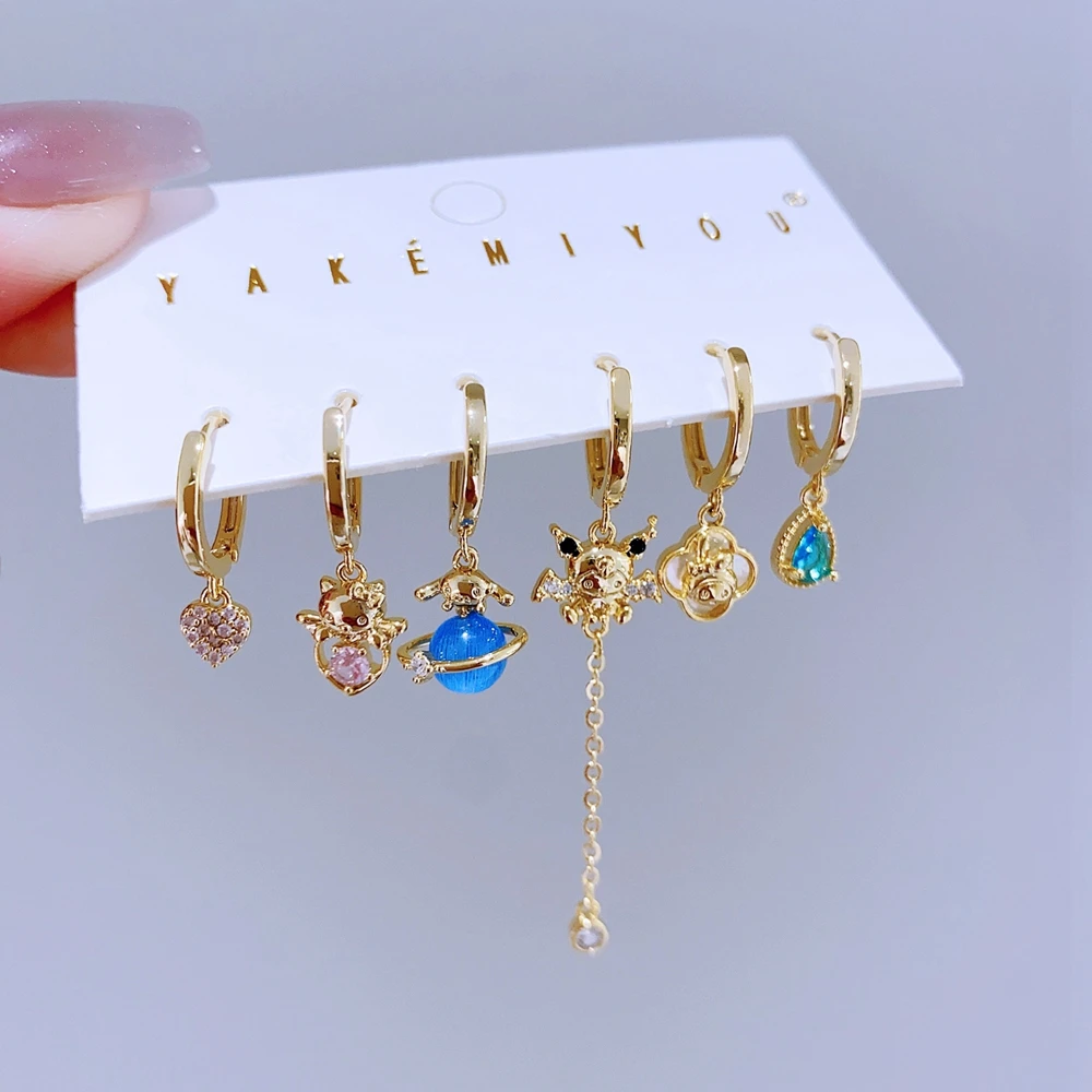 6pcs/set Lovely Cartoon Cat Dog Animals Pendant Dangle Earrings Gold Plated Cubic Zircon Women Jewelry