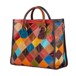 Genuine oil wax leather cowhide plaid splicing color random contrasting casual personality handbag tote bag women's bag