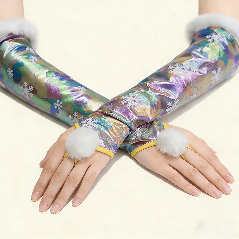 

43cm Women's Leopard Snowflake Print Long Fingerless Hook Finger Patent Leather Gloves Fluffy Pom Christmas Party Rave Cosplay