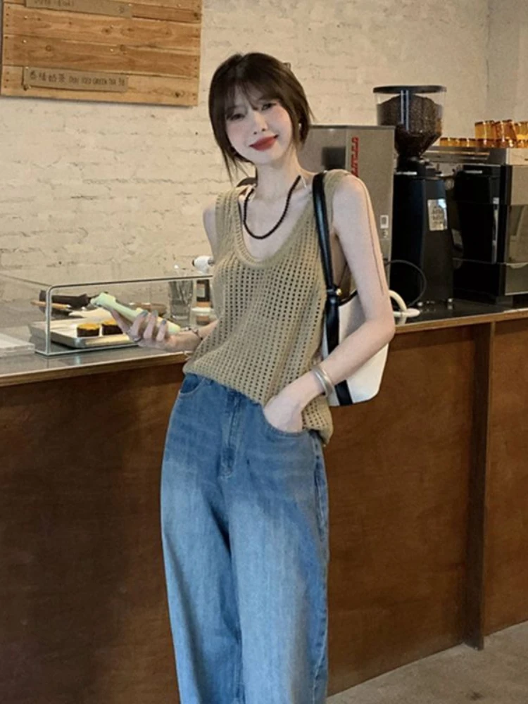 Deeptown Vintage Knitted Tank Tops Women Harajuku Solid Hollow Out Vest Korean Fashion Loose Casual Sleeveless Tops High Street