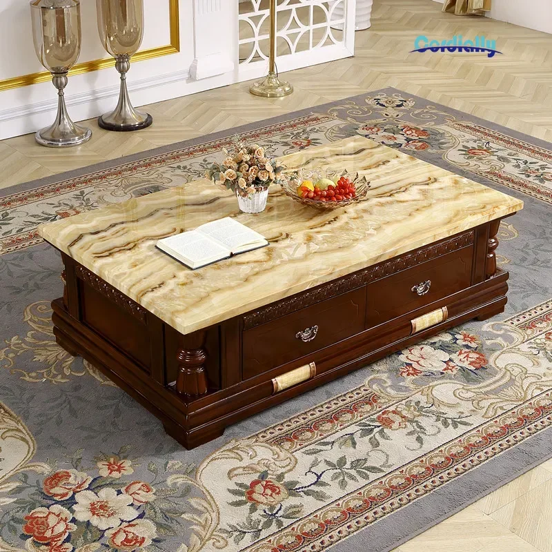Four Drawer Storage Walnut Colored Marble Coffee Table Design Interior Side Table Luxury Modern Living Room Home Decor