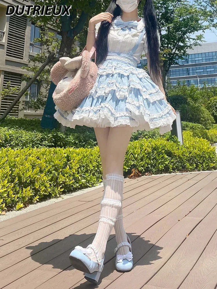 Japanese Blue and White Color Matching Sweet Cute Girl Removable Strap Skirt Lolita Student High Waist Short A-line Skirts