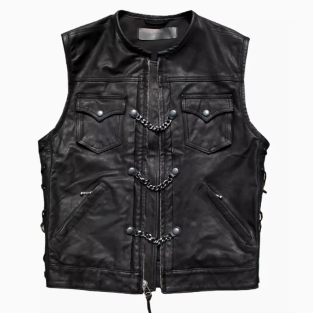 New Fashion Genuine Leather Motorcycle Men's Vest Sheepskin American Club Style Riding Man's Vest with Chain Cool Streewear