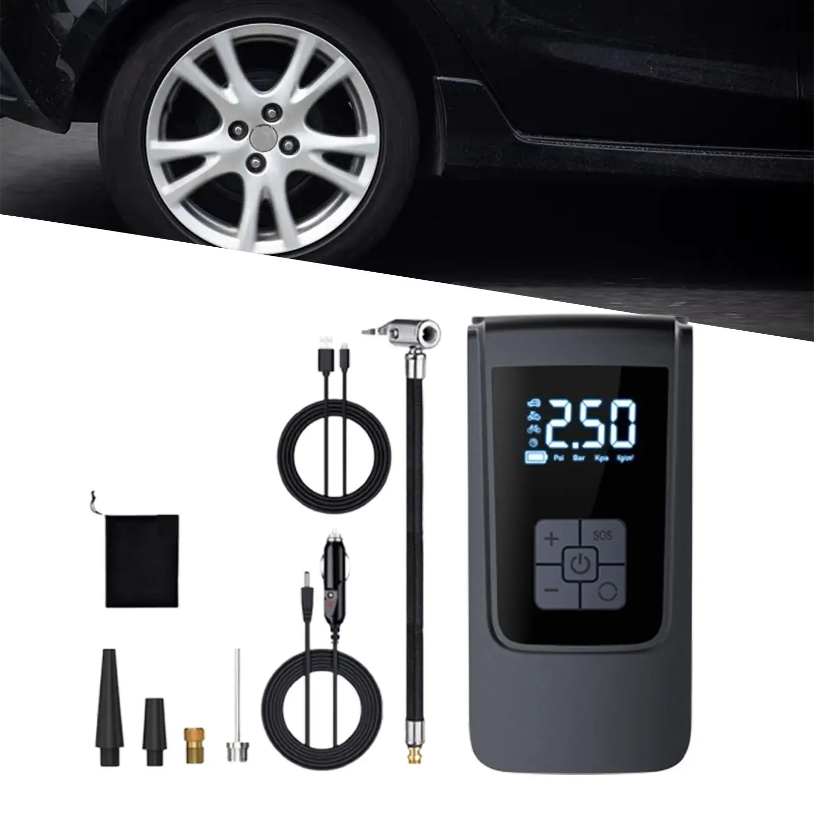 

Portable Car Tire Inflator Cordless Air Pump 110PSI Digital Display with 4 Valve