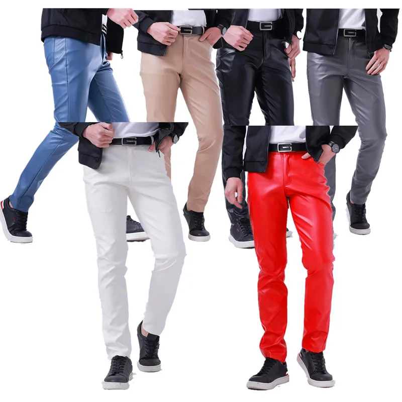 Summer Men's Red Stretch PU Pants, Blue Slim-fit Faux Leather Pants, Asian Sizes 28–40, Gray, Khaki, White, Black, Brown.