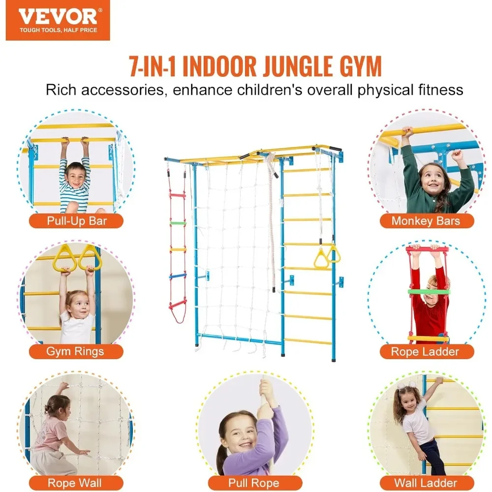 صالة الألعاب الرياضية في الغابة الداخلية للأطفال الصغار، مجموعة لعب التسلق 7 في 1 مع سلم سويدي من الفولاذ الكربوني، سلم حائط، قضيب سحب، سلم حبل #2