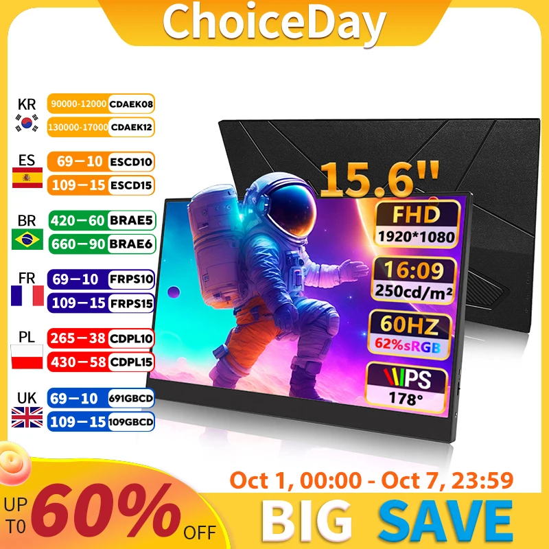 

15,6-дюймовый FHD 1080P 250 кд/м2 с двойным интерфейсом Type-c и HDMI, ультратонкий портативный монитор для ноутбука, ПК, телефона, PS4/5 Xbox Switch