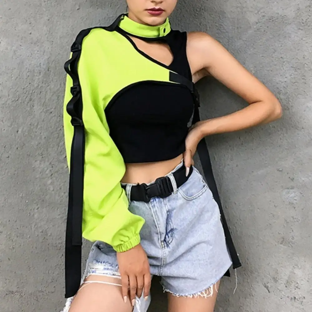 One Long Sleeve Top Safety Reflective Chic Summer Blouse Fashion One-sided Choker Strap Buckle Reflective Halter Smock Blouse