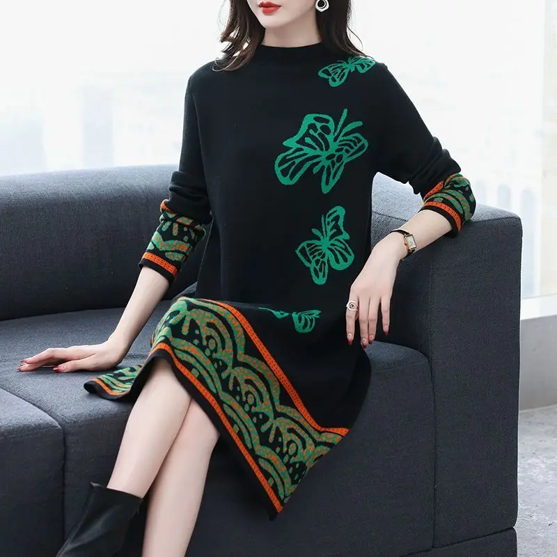 Autumn Winter Vintage Floral Printed Dresses Butterfly Casual Loose O-Neck Female Clothing Long Sleeve A-Line Knitted Midi Dress