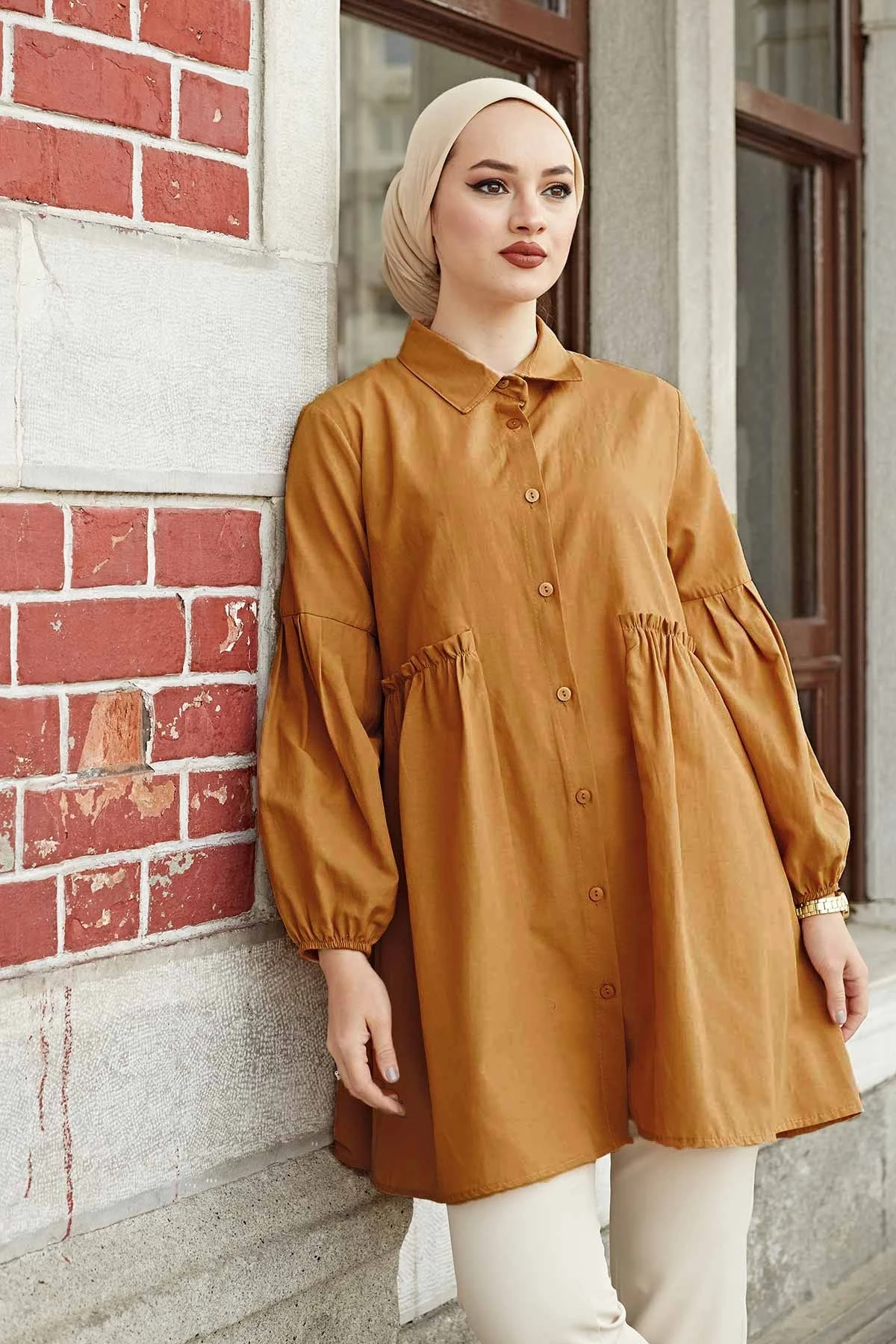 Handle Pleated Poplin Shirt SAG Tan Winter Autumn 2021 Muslim Women Hijab headscarf islamic Turkey