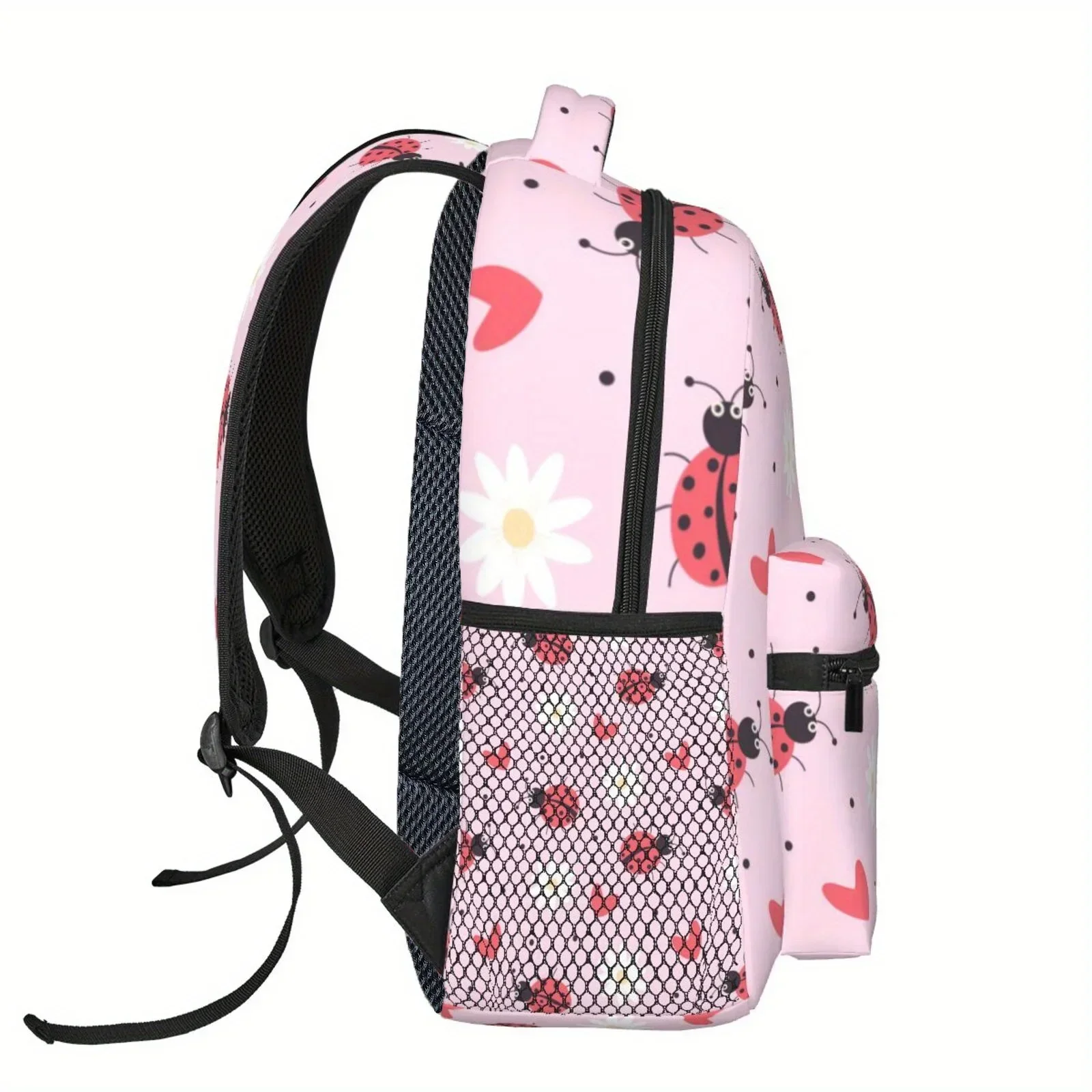 Custom Bag 1pc Sweet Daisy Ladybug Pink Theme Half Full Print Large Capacity, Double Net Pocket Backpack, Lightweight And Durabl
