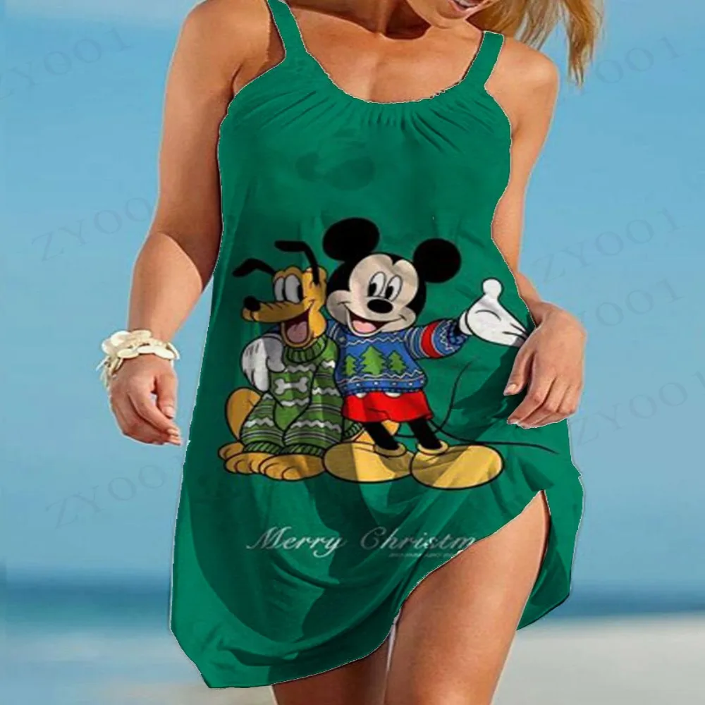 Disney Minnie en Mickey patroon bedrukte zomerstrandjurken voor dames, comfortabele lichtgewicht vrouwelijke knielange rok