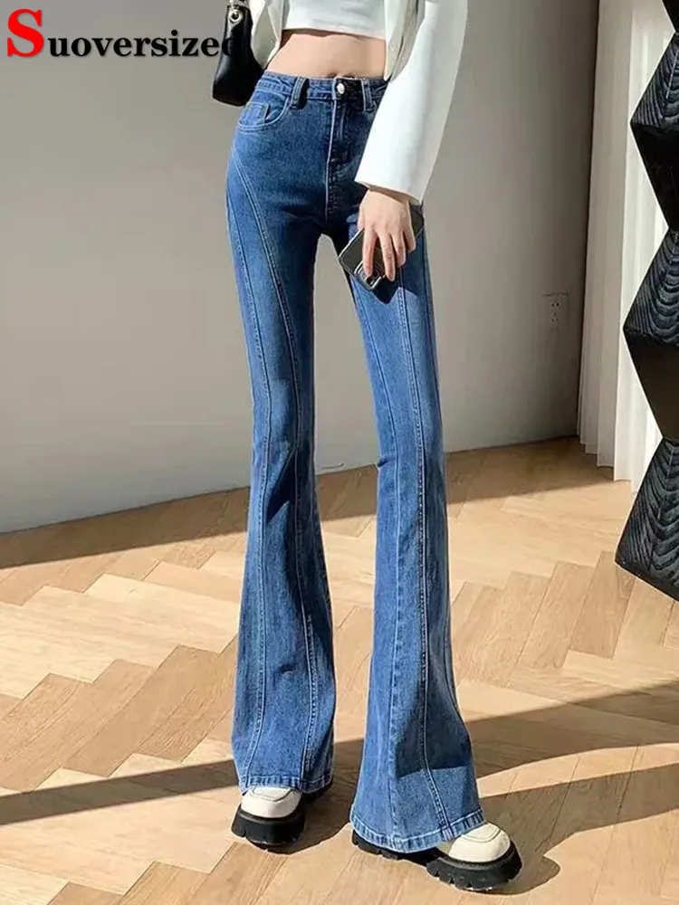 High Waist Skinny Pleated Jeans Flare Pants 2023 Women New Vintage Stretch Vqueros Pantalones Korean Casual Denim Bell Bottom