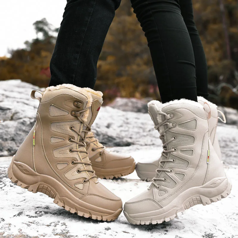 New Couple's Oversized Military Boots, Combat Boots, Men's and Women's High Top, Plush and Thick Hiking Boots, Hiking Snow Boots