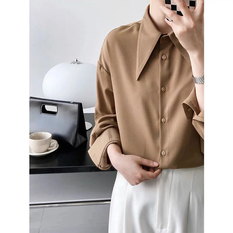 Spring Autumn Office Lady Solid Long Sleeve Blouse Button Up Bottoming Shirt Female Clothes Simple All-match Top Women Blusa