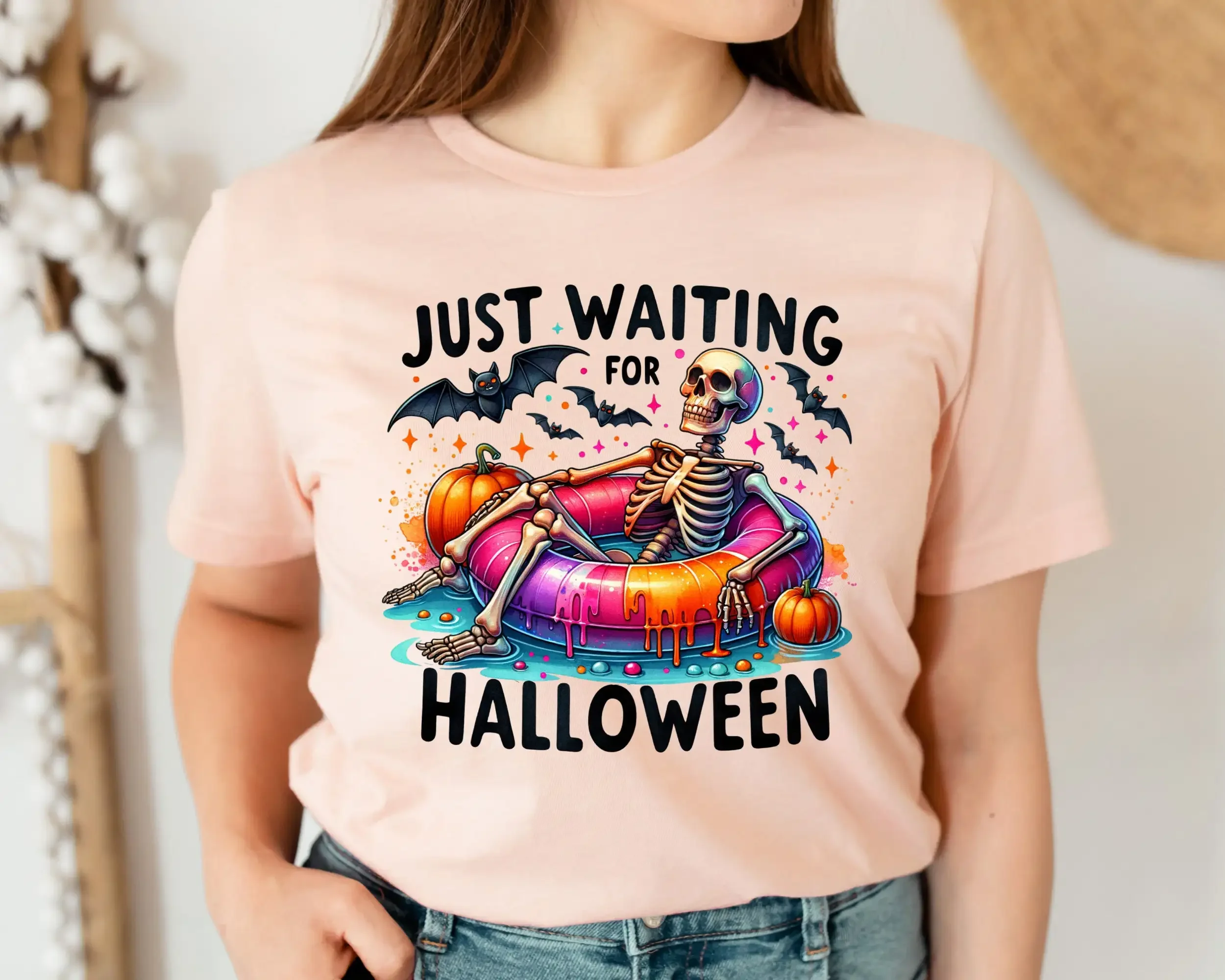 Just Waiting For Halloween T Shirt Funny Skeleton Spooky Summer Summerween Trendy