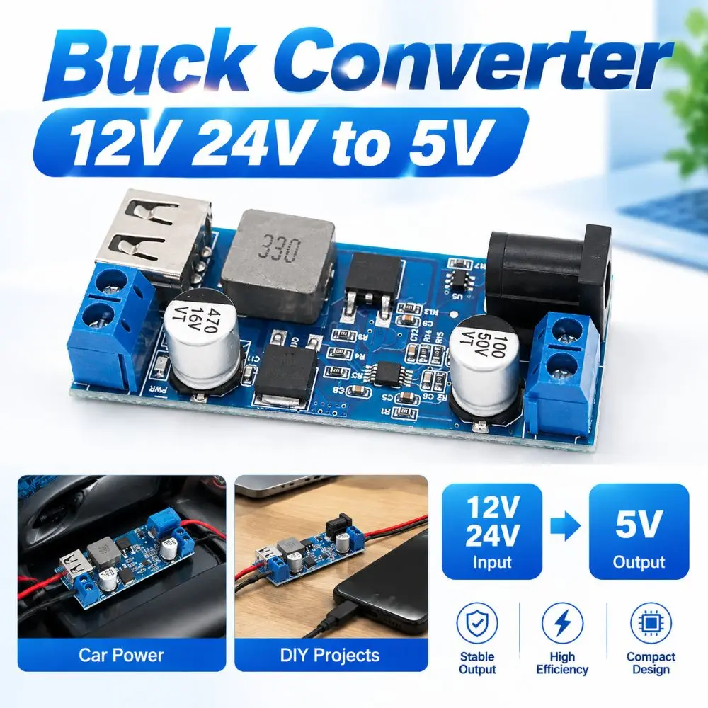 12V 24V to 5V Buck Converter 5A Output Compact DC-DC Step Down Module Voltage Regulator Overheat Protection Power Supply Module