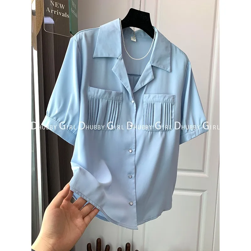 Women French Commuter Simple Shirts Summer Office Lady V-Neck Solid Casual Blouses Pocket Decoration Straight Tops