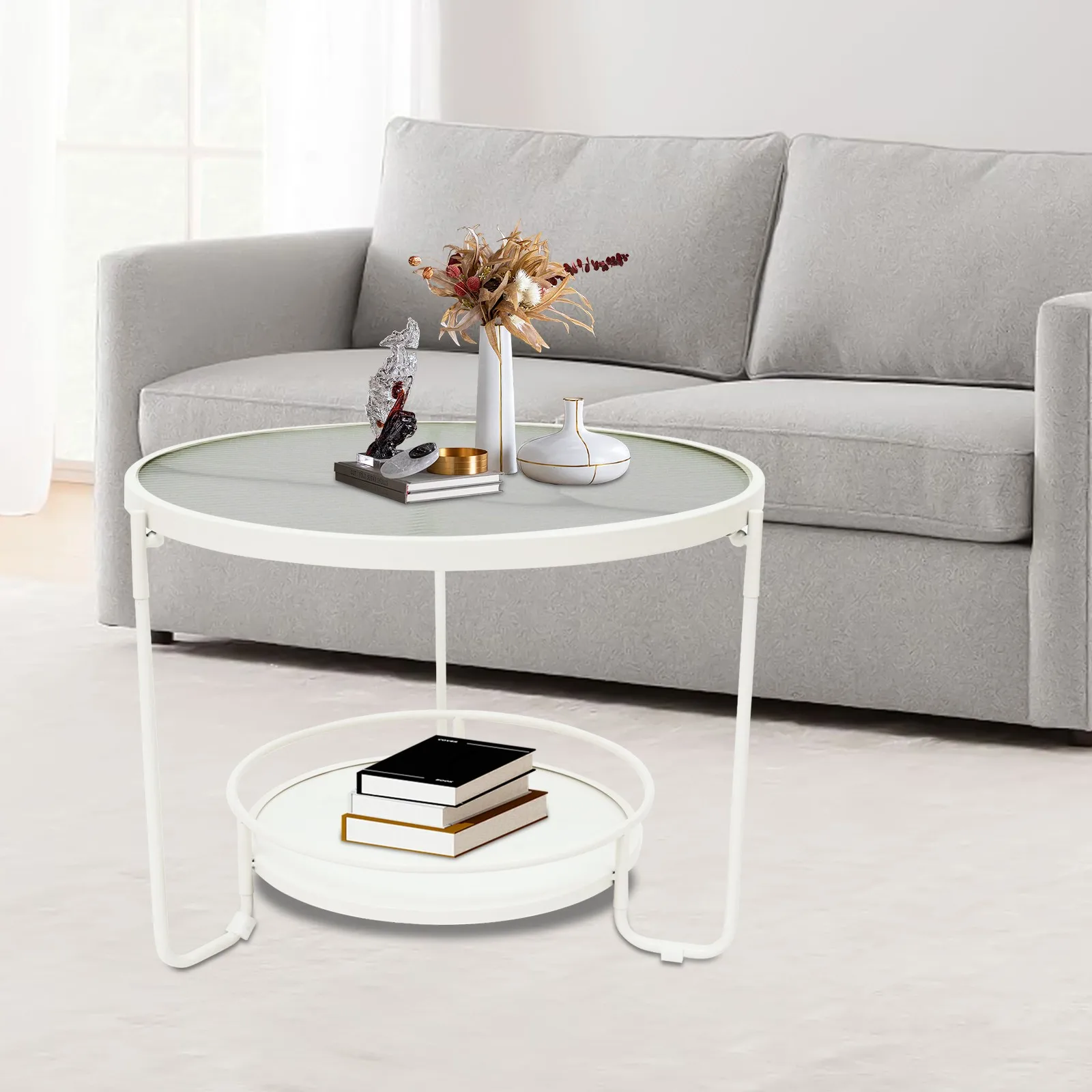 طاولات المقهى الحديثة طاولة جانبية زجاجية مستديرة من طبقتين مع إطار أبيض لأريكة غرفة المعيشة وغرفة النوم