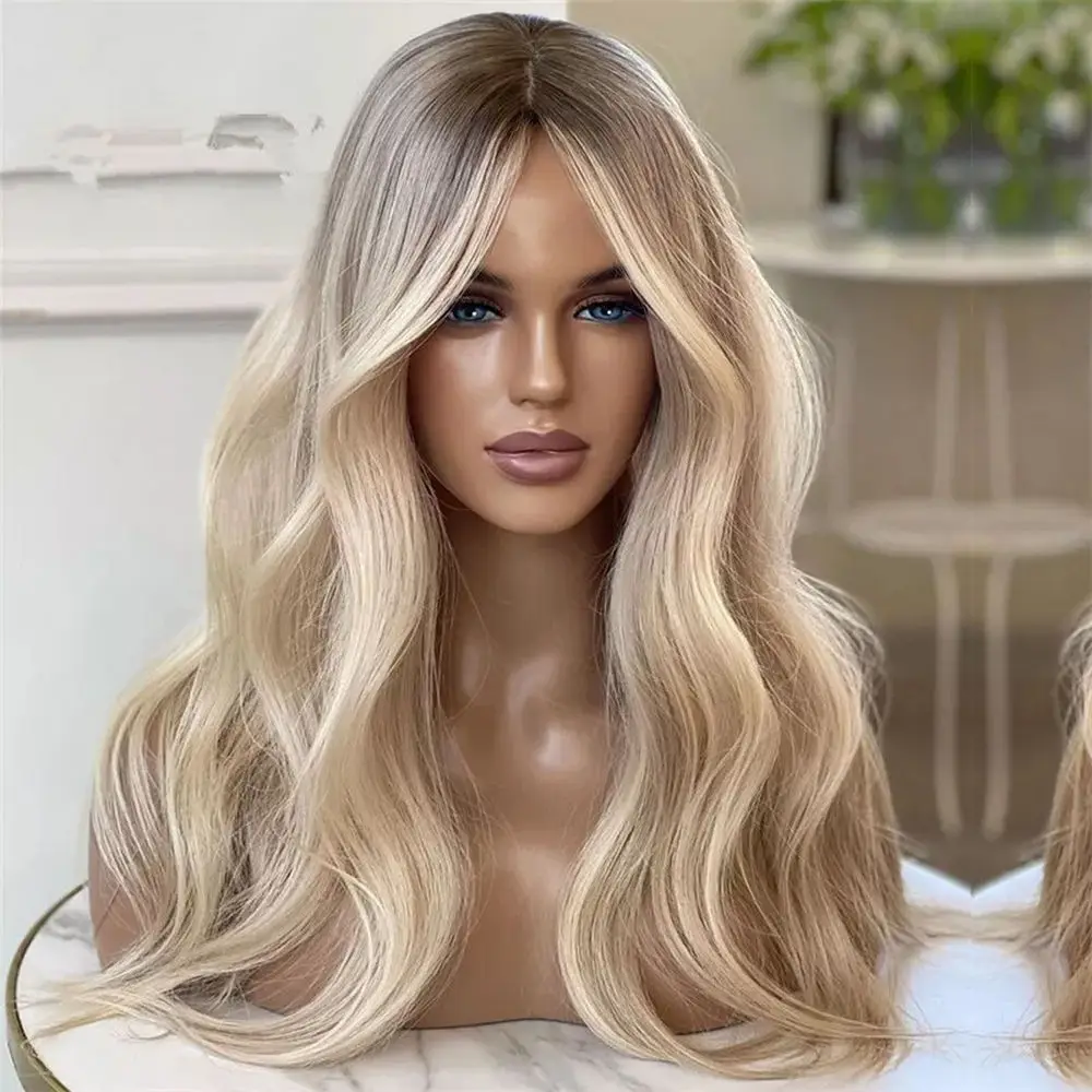 Realistic Luxury Ash Blonde Glueless Wigs Synthetic Hair Easy Maintenance Deep Wave Full Wigs With Dark Roots Daily Party Used