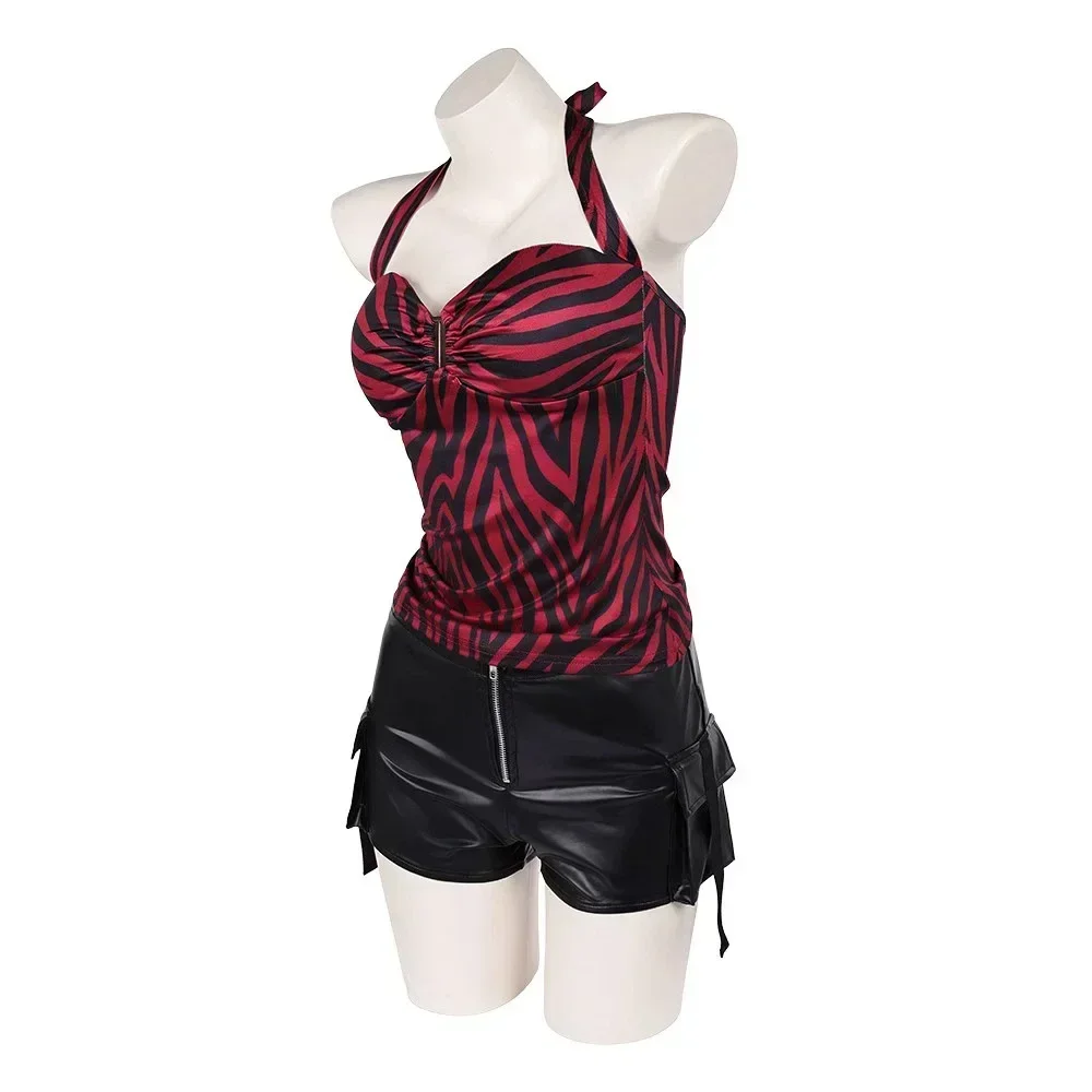 Movie Obsession Nikki Punk Street Style Cosplay Outfit Zebra Halter Top And Faux Leather Cargo Shorts Complete Suit view 4