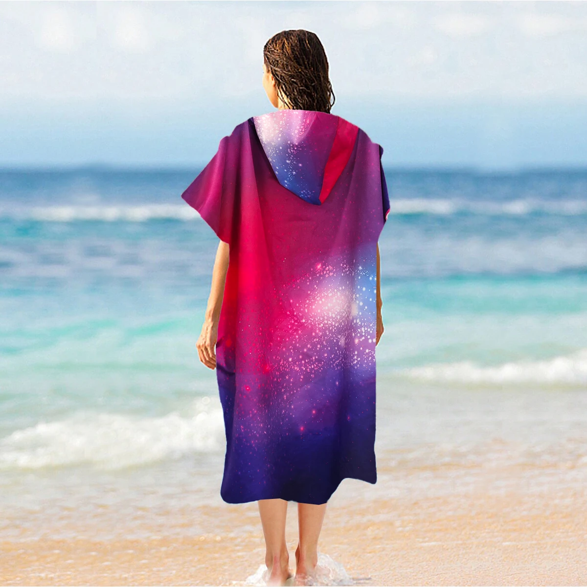 Cosmic pattern ultra-fine fiber quick drying bathrobe cape for adults with hats, portable, suitable for swimming pools and beach