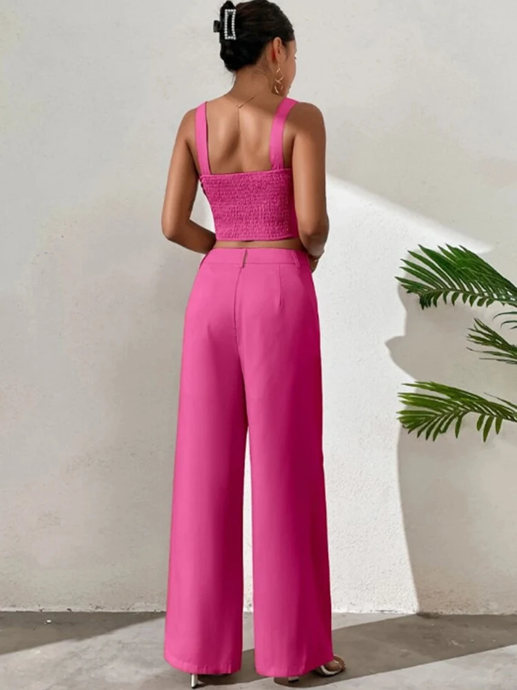 Drauuing Summer Two Pieces Sets Women Outfit Sleeveless Top Wide Leg Pants Set Elegant Matching Sets Fashion Office Lady Outfits