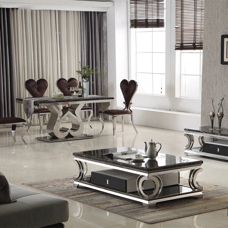custom.Dining Room Furniture Marble Dining Table Chromed Stainless Steel Shiny Silver Furnishing Dining Table Set House