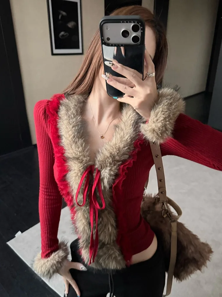 

Red Long Sleeve V-Neck Knitted Top Women's Fashion Design Sense Tassel Atmosphere Pure Desirable Splice Knot Citywa...