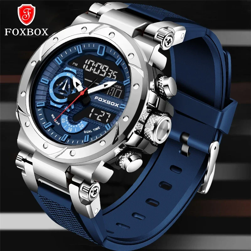 FOXBOX Fashion Trend Electronic Man Watch Personality Casual Sport Dual Time Silicone  Waterproof Date Alarm Digital Men Watches