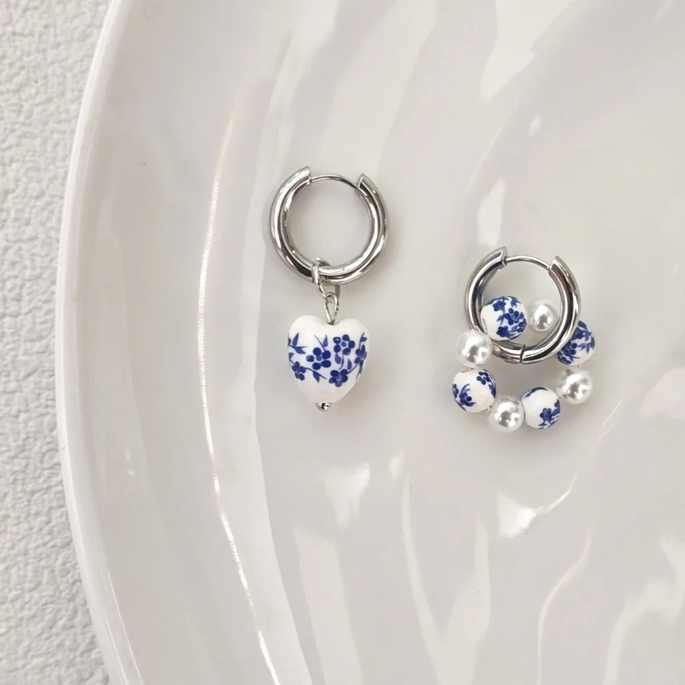 Fashion Imitation Ceramic Asymmetric Earrings Stainless Steel Heart Dangle Earrings Ball Pearls Pearls Dangle Earrings Women