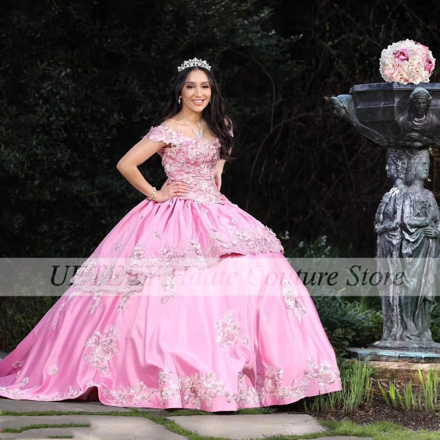 Vestidos De quinceañera rosa De Cenicienta, vestido De baile para dulce 16, flores 3D, cuentas, satén, cumpleaños, graduación, 15 Años