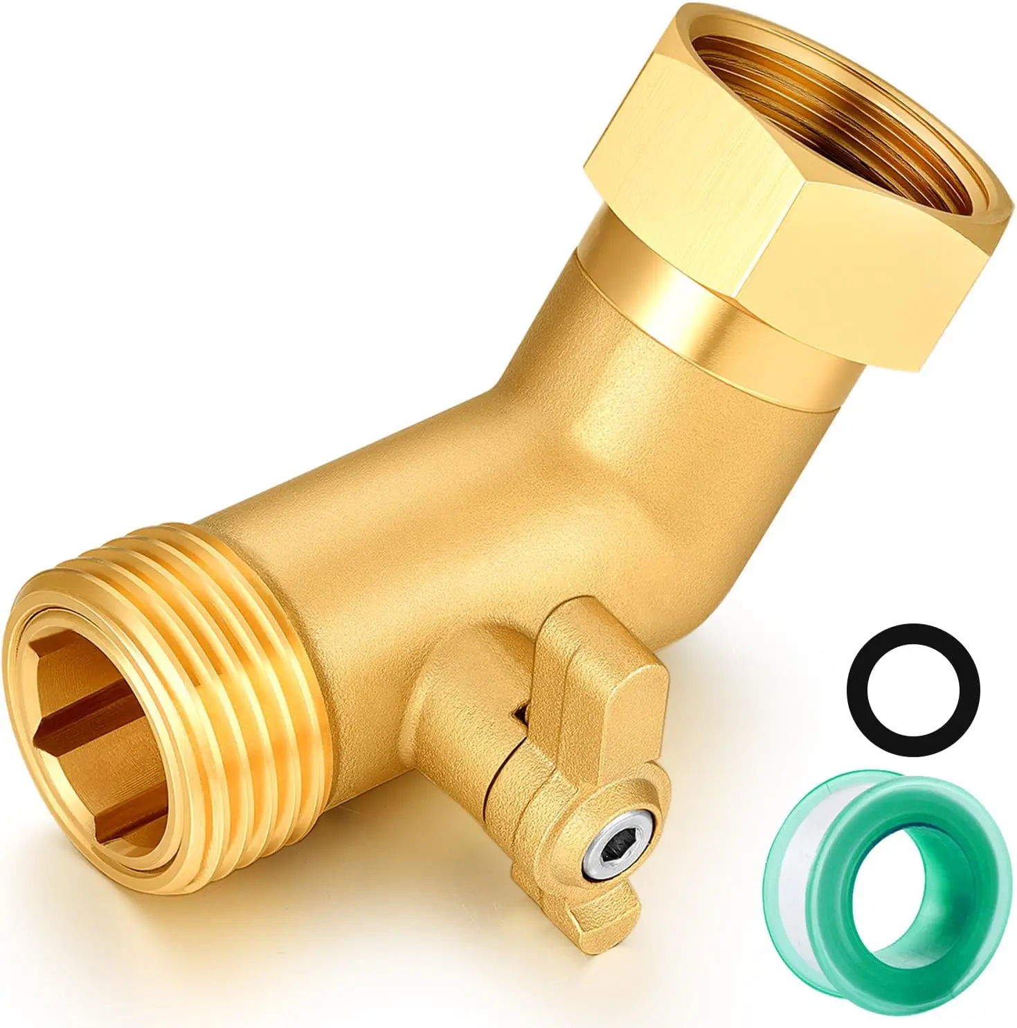

Brass 45 Degree Hose Bib Valve, 3/4" GHT Garden Hose Elbow Adapter with Shut Off Ball Valve, Heavy Duty Outdoor Faucet Connector for Water Hose, Lawn, Car Wash, Yard Watering