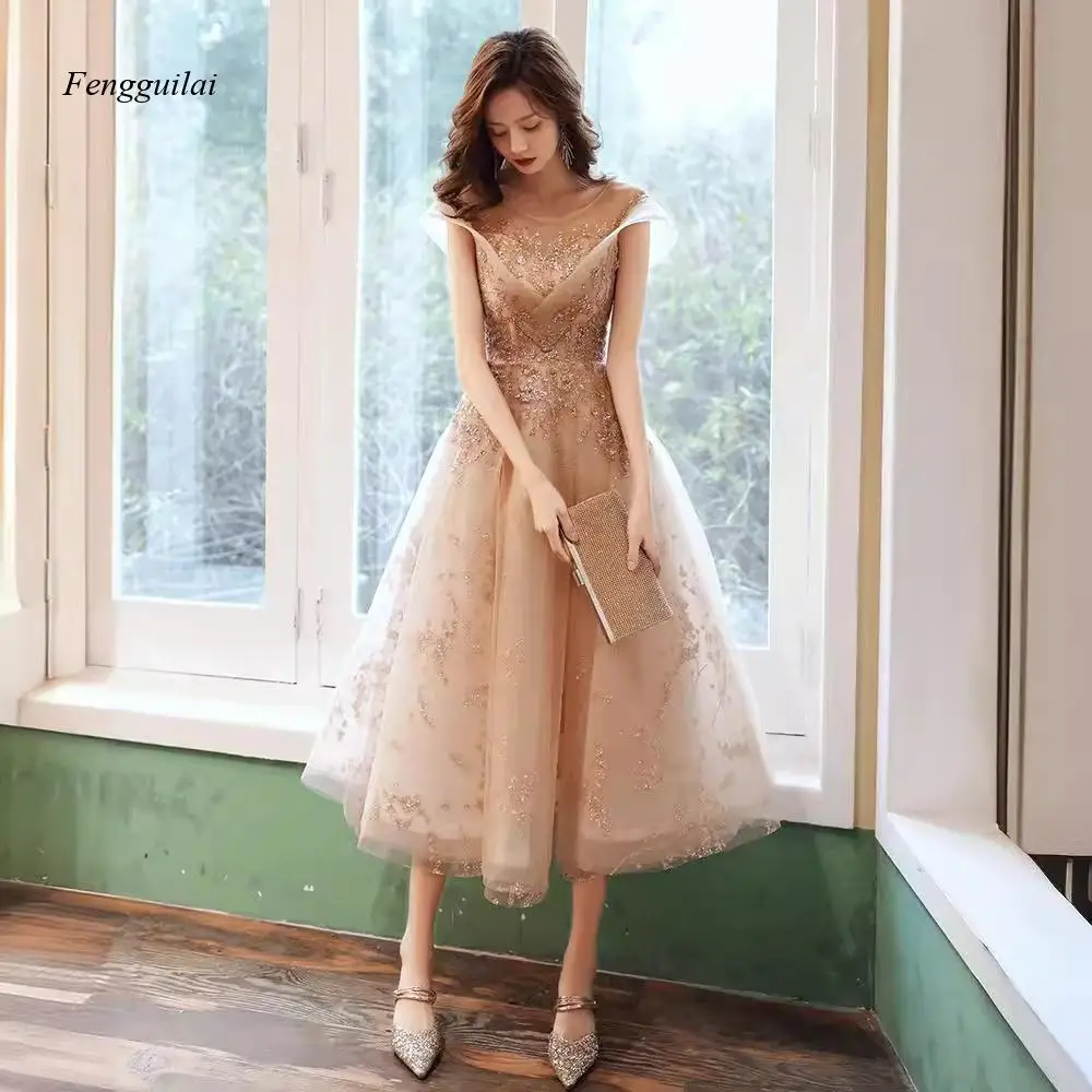 Elegant Champagne Lace Embroidery Tulle Midi Dress Sheer Neck Cap Sleeve A-line Prom Gown for Wedding Guest Evening Party