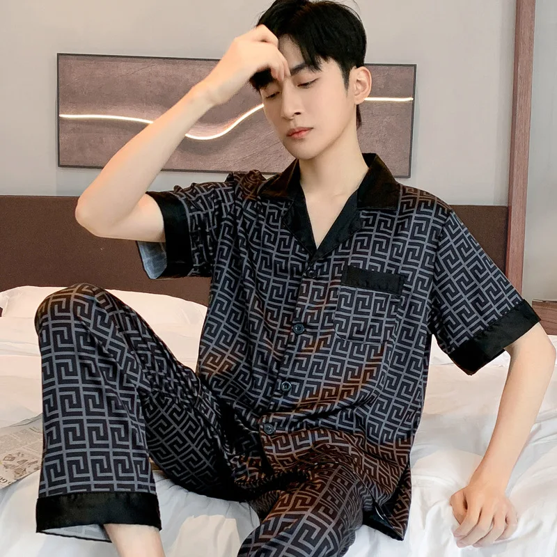 Fashionable Luxury Spring Ice Silk Men\'s Pajamas Long Sleeve Pants Thin Pyjamas Summer Youth Homewear Set Sleepwear-set Male