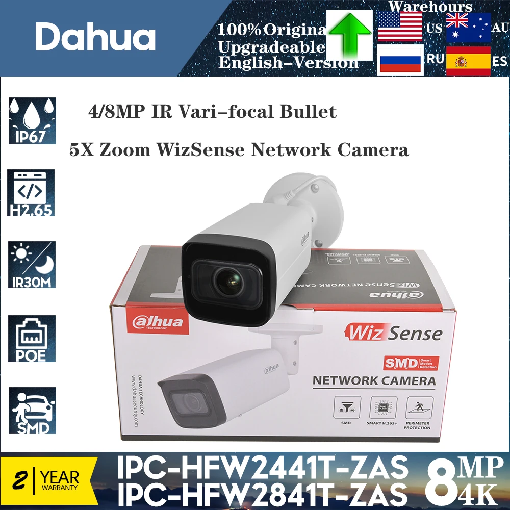 Dahua 8MP IPC-HFW2841T-ZAS IR60m 5X Zoom 2.7mm–13.5mm IP Camera POE WDR IP67 Motorized Vari-focal Bullet WizSense Network Camera