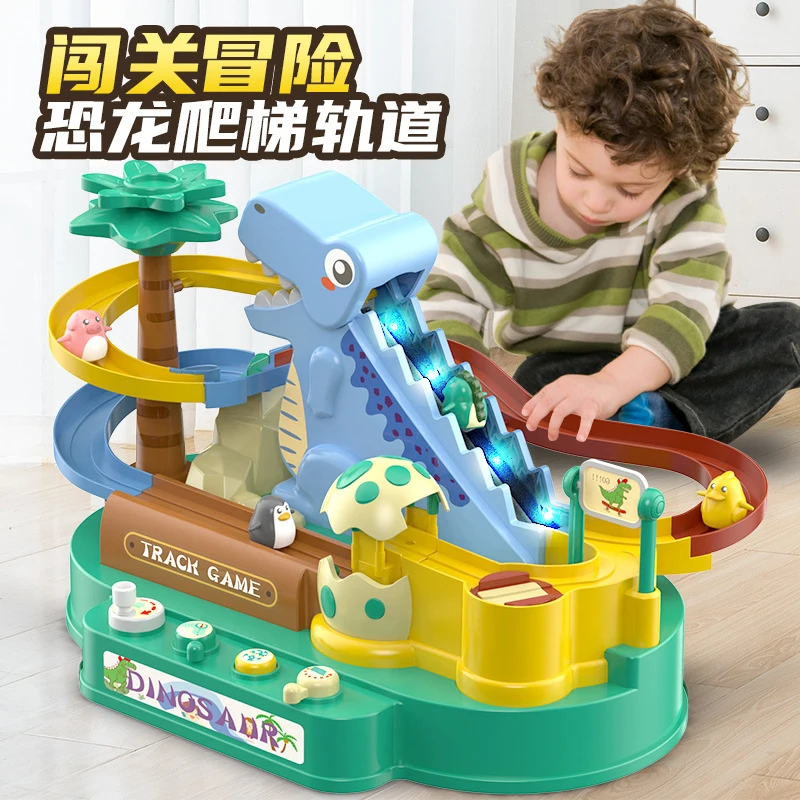 Brand New Electric Slide Railcar Track toy 3-6 years Old Dinosaur Climb Stairs Music Light Play Interactive Educational Toys