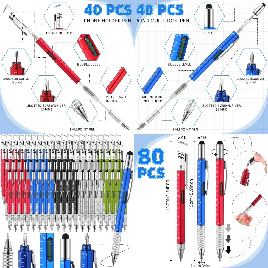 

80 шт., многофункциональная ручка, подарки на Рождество: отвертка 6-в-1 с линейкой, указатель уровня, держатель для телефона, многофункциональная шариковая ручка