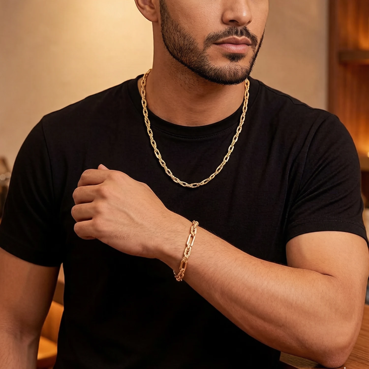 Fashionable Double-Layer Encrypted Chain, Hip-Hop Minimalist Style, Suitable for Men and Women, Bracelet and Necklace 2-Piece Set